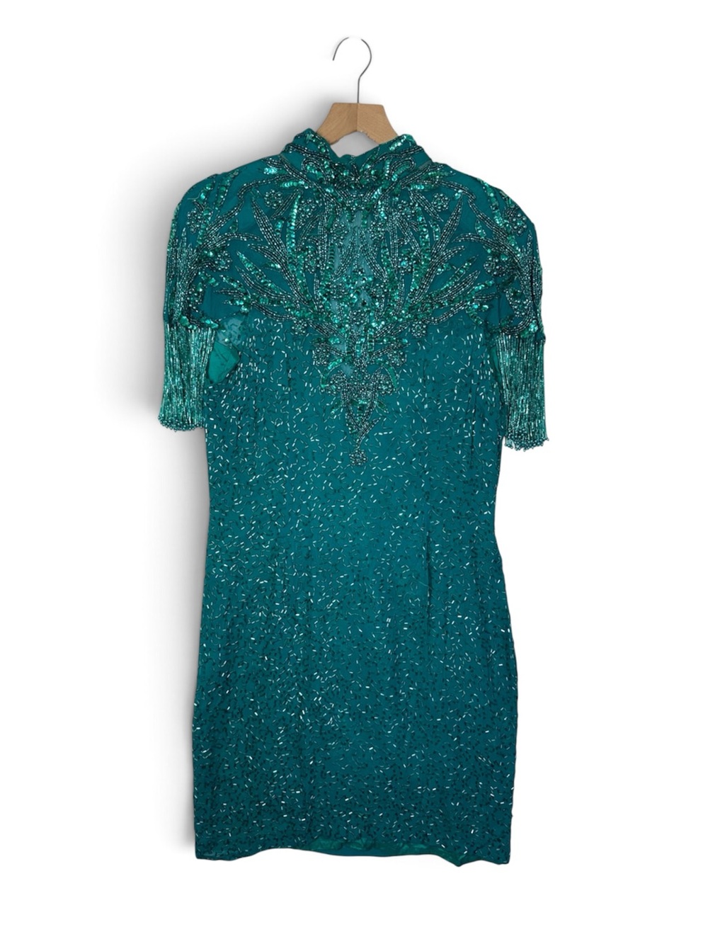 Vintage 80s Cache Silk Dress Glass Beaded Fringe Cocktail Teal Emerald Hollywood